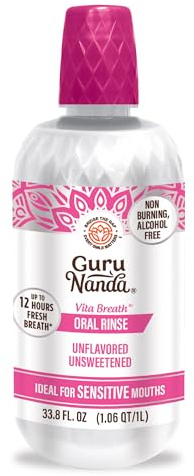 GuruNanda Alcohol-Free Mouthwash, Unflavored & Unsweetened, Gentle on Sensitive Mouths, 12-Hour Fresh Breath, No Artificial Additives, Made in The USA, 33.8oz