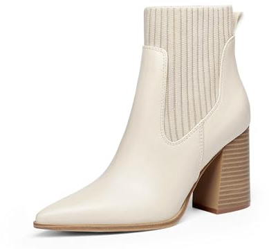 Coutgo Women Ankle Boots Sock Booties Pointed Toe Chunky Stacked High Heel Knit Chelsea Winter Dress Booties, Beige, 4 UK