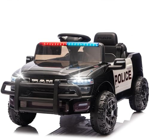 12V Licensed RAM 3500 Ride on Toy for Kids, Toddler Ride on Truck with Parent Remote Control, 2WD, Rear Shock Suspension, LED, Bluetooth, 3 Point Safety Belt, Electric Car for Kids (Police Car)