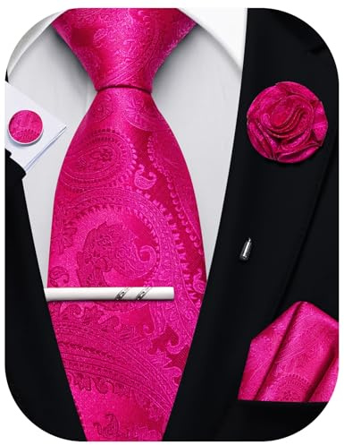 Ailisus Mens Hot Pink Tie Set Silk Paisley Necktie Pocket Square Lapel Pin Tie Clip Cufflinks Formal Business Wedding Party
