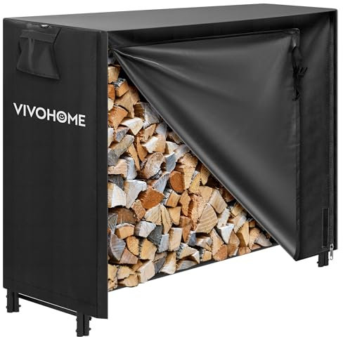 VIVOHOME Estante Almacenamiento Leña con Cubierta Impermeable y Cremallera, Soporte de Leña Metálico para Interior y Exterior, Organizador de Troncos para Chimeneas y Jardín