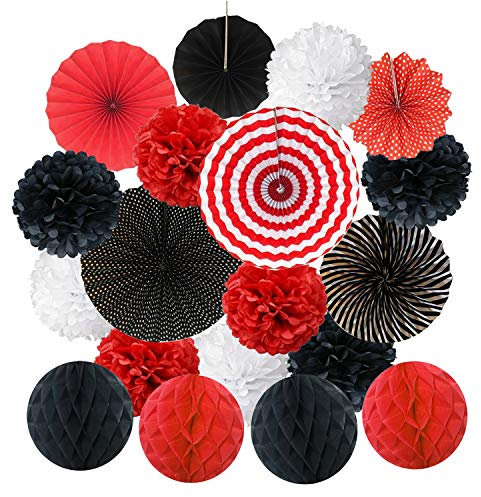 ZERODECO Hanging Paper Fan Set, Red White and Black Tissue Paper Pom Poms Flower Fan and Honeycomb Balls for Birthday Baby Shower Wedding Festival Party Decorations
