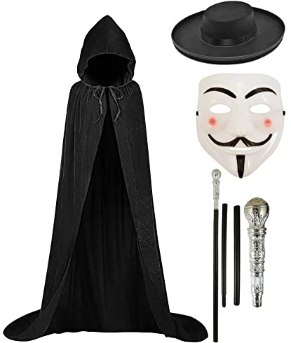 Samt-Umhang mit Kapuze, Banditenhut, Vendetta-Maske, Silber, Halloween, Superhelden-Kostüm