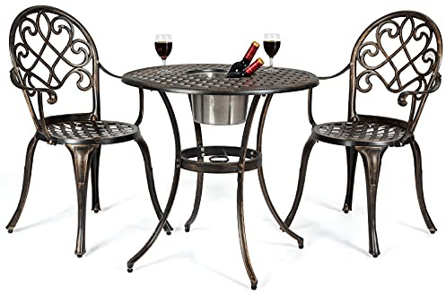 KOMFOTTEU 3 teilig Bistroset mit Weinkühler & Schirmloch, Balkonset Antike Bronze, Aluguss Gartengarnitur Wetterfest, Outdoor Sitzgruppe für 2 Personen, Café Rostfrei Bistrogarnitur
