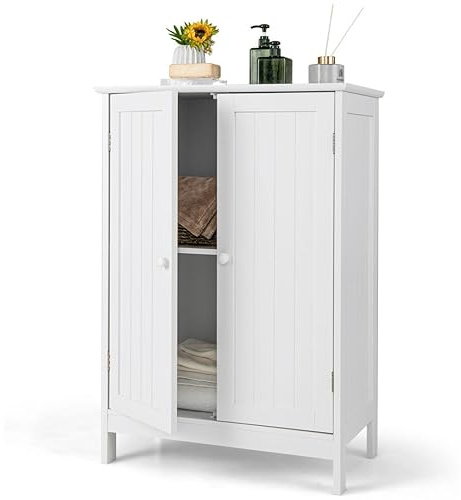 Multigot Bathroom Floor Cabinet, Wooden Freestanding Cupboard with 3-Position Adjustable Shelf and Double Door, Slim Storage Organizer Unit for Bathroom Living Room Hallway (60 x 35 x 87cm, White)