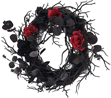 Corona de Halloween, Diseño de Ramas Artificiales con Corona de Puerta de Flores Rojas, Oración Navideña, Decoración Navideña, Corona de Puerta Delantera, Adorno Colgante para Familias en el Hogar