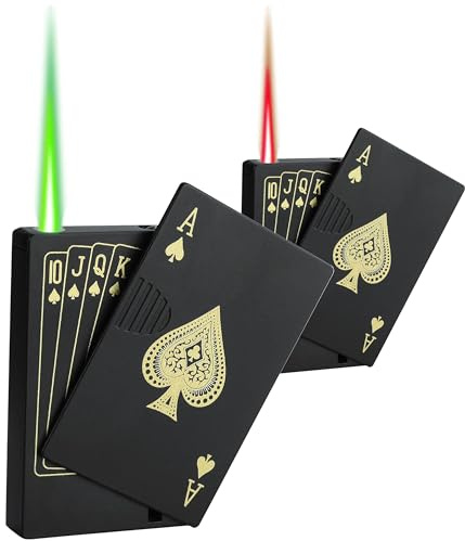 Jet Torch Lighter, 2 Pack, Green+Red Flame Ace Card Lighter, Cool Lighter Windproof Poker Design, Refillable Butane, for Outdoor, Indoor, Camping, BBQ, Candle, Birthday, Gift (Without Gas)