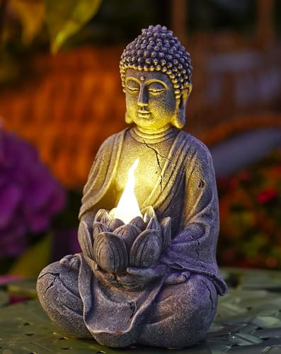 Yeomoo Buddha Figuren mit Solarlampen für Deko Wohnzimmer Schreibtisch Zubehör : Buddha Figur Zen Garten Zimmer Deko Geschenke für Frauen Mama Geburtstagsgeschenk Wetterfest Dekoration Grau 20CM