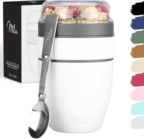 Milu vaso de muesli para llevar 400 ml I vaso de plástico para yogur con cuchara (blanco)