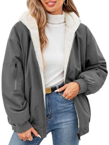 Tuopuda Kappa Vinterjacka Kvinnor Jacka Vadderade Kappor Varm Vändbar Parka Sherpa Fleece Oversize Huvtröja Korta Jackor Utomhus, Mörkgrå, XXL
