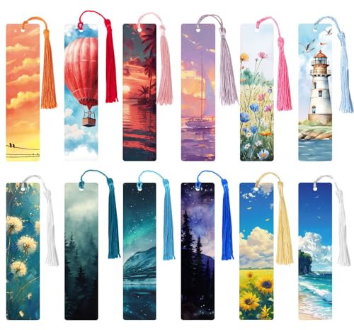 12 Pcs Natural Scenery Paper Bookmarks Embellished Book Marker Vintage Book Mark with Tassels for Men Women Book Lovers Stationery Bookish Reading Supply