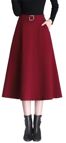 Beeblily Jupe Longue Femme Hiver Élégant Taille Haute Slim Midi Jupe A-Ligne Taille élastique Laine Chaud Plissée Jupe (M-Taille élastique 73CM-Wine Red)