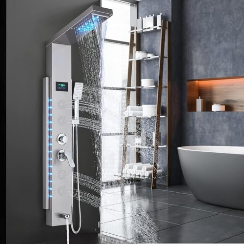Hevenaov Duschpaneel LED Edelstahl 5 Modi mit Massagedüse Regenfall Wasserfall Dusche Handbrause Wanneneinlauf Gebürstetem Nickel Badezimmer Wandduschpaneel