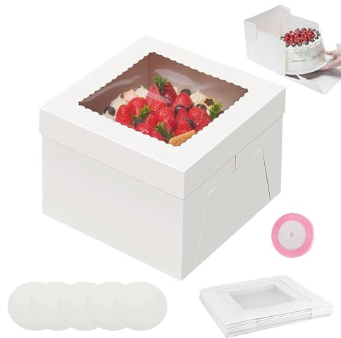 Set di 5 Scatole per Torte, 30 X 30 X 20cm Scatole Cartone Dolci, Scatola Bianca con Coperchio, Monouso con Finestra, 12 Scatoles e 12 Tavole Rotonde, per Dolci Biscotti Cioccolatini Matrimonio