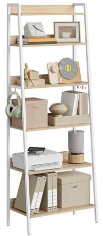 WOLTU Regal, Leiterregal mit 6 Ebenen, Standregal mit 4 Haken, Metallrahmen, Bücherregal Industrie Stil für Wohnzimmer Badezimmer Küche, 64x187,5x36 cm Helle Eiche+Weiß