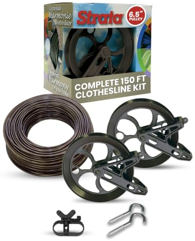 Strata Aged Bronze Harmony Clothesline Outdoor Heavy Duty Kit - 150 Feet Galvanized Wire PVC Coating, 6.5 Aged Bronze Clothes line Pulley 2pcs, Metal Mini Winch Tightener 1pc & 2 Metal Hooks