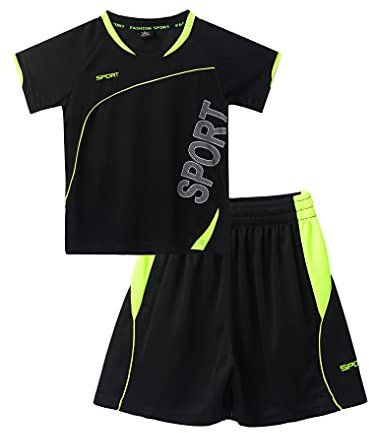 Yeahdor Kinder Jungen Sport Kleidung Kurzarm Sportshirt mit Kurz Hose Loose Fit Fußball Basketball Sportanzuzg Trainingsanzug D Schwarz 122-128