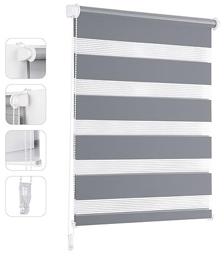Sekey Doppelrollo Klemmfix ohne Bohren für Fenster, Doppelrollo 80 cm breit, Duo Rollo Jalousie Sonnenschutz, 80x100cm, Grau