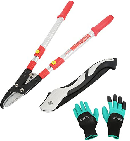 LINZI Tijeras de Podar Telescópicas Lopper Mango de Aluminio 660-970 mm + Sierra de Podar Plegable 250mm + Guantes de Jardín, Juego de Tijeras de Jardín