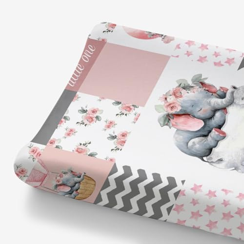 HawSkgFub Sleeping Elephant Floral Changing Pad Cover for Baby Girls Pink, Dream Big Little One Flower Diaper Change Table Covers, Soft Stretchy Safe Snug Fitted Changing Mat Sheets Fit 32/34 x 16