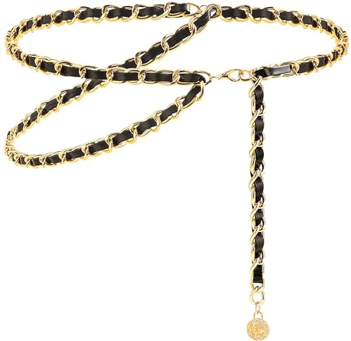 LIMHOO Leather Chain Belt for Women Layered Metal Waist Belt Adjustable Waist Chain for Dress Vest Jeans (Gold Black 2 S)