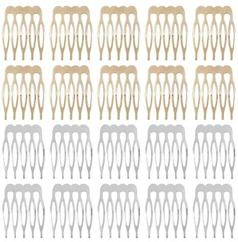 20 Piezas Peines Laterales de Metal 5 Dientes, Peines de Velo, Peines Laterales para Mujer Cabello Francés con Dientes para Accesorios para el Cabello con Clip de Moño Plateado y Dorado