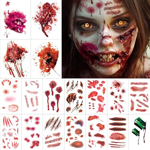 Narben Wunden Tattoo, Realistisch Wunden Tattoo Halloween Karneval Schminke, Zombie Kostüm Kinder Damen, Kunstblut Halloween Karneval Tattoo Gesicht, Körper Make-up Requisiten - 18 Blatt