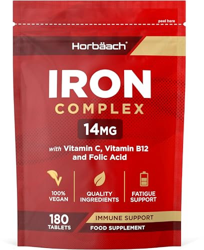 Ferro Integratore | 14mg | con Acido Folico Vitamina B12 e Vitamina C | 180 Compresse Vegane ad Alto Dosaggio | Iron Complex | Integratore Sistema Immunitario e Metabolismo Energetico | di Horbaach