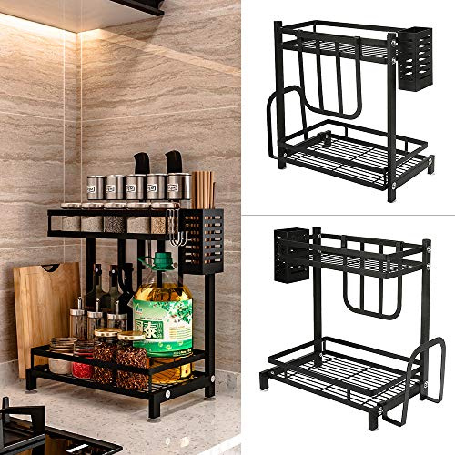 OHMG Étagère à Épices Debout à 2 Étages,Grande Capacité Rangement Epices Cuisine en Métal,Range Epices Pour plan de travail,Porte-épices,Porte-Ustensiles,3 Crochets,Noir (34 * 21 * 41.7cm(2 niveaux))