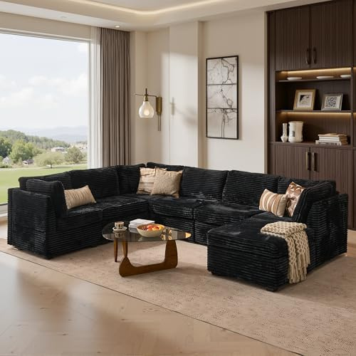 ovios Modular Sectional Sofa Couch with Sofa Bed L-Shape Chaise, Comfy Plush Corduroy Cloud Couches, Modern Deep Seat Sofas Set for Living Room, 7-Seater, Black