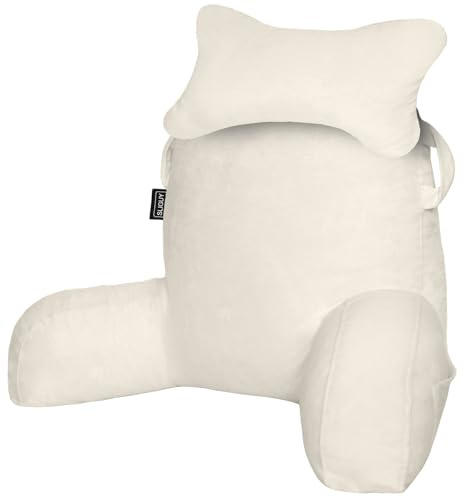 SLIGUY Oreiller de Lecture pour s'asseoir au lit, Oreiller Dorsal avec Poches, Oreiller Dorsal pour Adulte, Chaise de lit pour se Reposer, Lire, Regarder la télévision, Jouer Beige