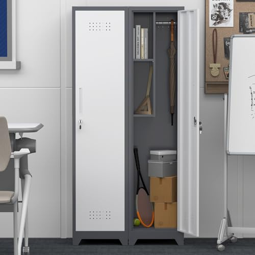 GREATMEET Slim Metal Utility Cleaning Storage Cabinet with Single Door, Narrow Tool Organizer for Brooms, Mops & Cleaning Supplies, Garage & Laundry Room Use, Grey White