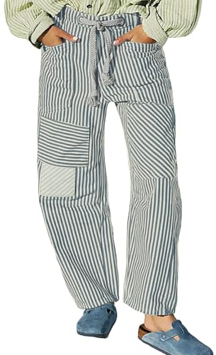 FOMOYUU Women Drawstring Striped Barrel Jeans Pants Loose Wide Leg Denim Baggy Sweatpants Trousers with Pockets (Blue, M)