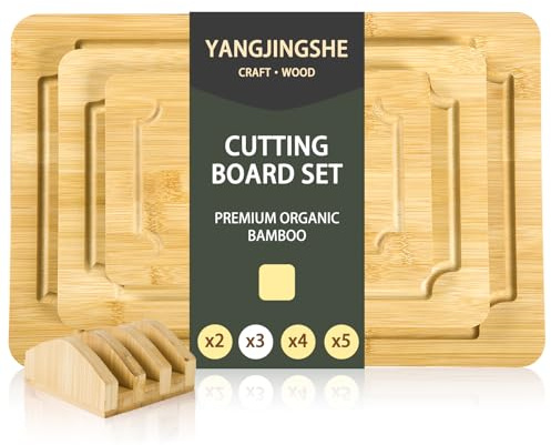 Bamboo Cutting Board - Bamboo Wood Cutting Board Set for Kitchen Meal Prep & Serving - for Chopping Meat, Vegetables, Fruits, Cheese, Knife Friendly Serving Tray with Handles