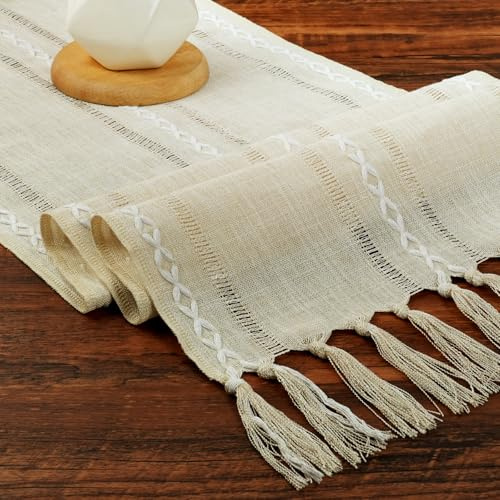 BSBUY Camino de Mesa, Tapete Mesa Comedor con Rústico Borlas para Decoración de Fiestas y Cocinas, Lavable, B(30X143cm)
