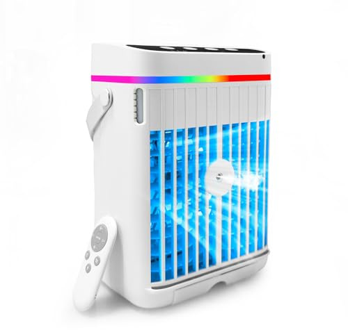 Instant Cool Portable Air Conditioner, 4-in-1 Mini Personal Space Cooler, Quick Cooling with Cool Mist, 7-Color LED Light, 3 Speed & Timer, Quiet USB Cooling Fan for Summer. (White)
