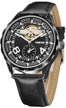 TIME100 Orologio Uomo Automatico Meccanico Senza Batteria, Quadrante Scheletrato Open Heart Angel Wing, Stile Pilota Business Sport, Cinturino in Pelle, Lancette Luminose, 30M Impermeabile