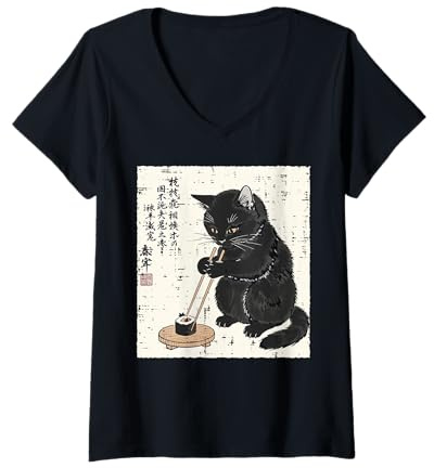 Mujer Japonés Negro Gato Palillos Sushi Ukiyo-e Mujeres Hombres Niños Camiseta Cuello V