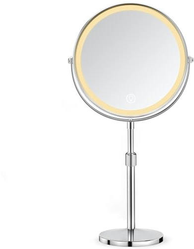 AIMAX Specchio trucco con luci e specchio ingranditore 10x/1x doppia faccia, Ricaricabile USB, Rotazione 360°, Altezza regolabile 38-48 cm, 3 colori luce dimmerabile, Batteria 2000 mAh, Argento