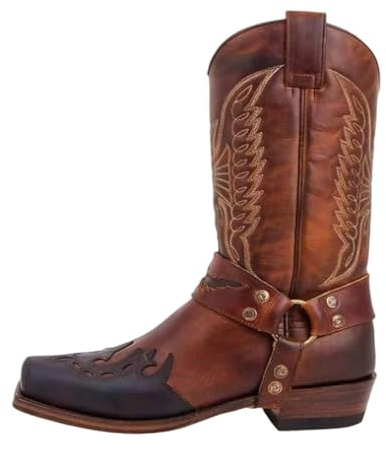 Bkazwe Bottes de Cowboy Larges Classiques Vintage Mi-Mollet, Bottes Western Brodées à Bout Pointu Et Talon Bloc, Hommes Botte PU Cuir Équitation Casual Vintage Broderie Bout Carré Western Cowboy