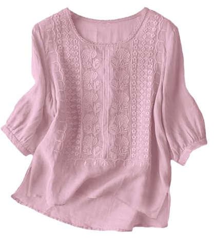 Blusa Femenina de Lino Transpirable con Bordado Floral, Manga Corta Abullonada y Corte Holgado Cómodo, Tejido y Ligero, Prenda Casual Elegante Versátil para Ocasiones Cotidianas, al Libre Vacaciones