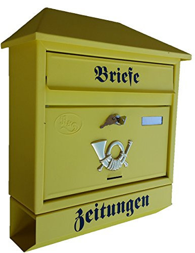 Naturholz-Schreinermeister Großer Briefkasten/Postkasten XXL Gelb Matt mit Zeitungsrolle Trapetzdach Zeitungsfach Zeitungsrohr