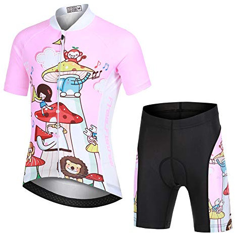LPATTERN Kinder Radsport Bekleidung- Jungen/Mädchen Fahrrad Trikot-Set(Trikot Kurzarm+Kurz Radhose)/Radtrikot Kurzarm/Kurz Fahrradhose mit Sitzpolster,Rosa Tier Welt mit Musik(Anzug),122/128(Tag:M)
