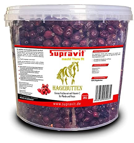 Supravit Hagebutten Pferd | Mit viel Vitamin C für Pferde und Ponys | 2kg Eimer I Ganze getrocknete Früchte - natürliche Pferdeleckerlis ohne Zucker | Erstklassige Qualität