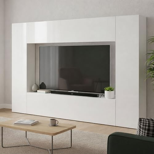 Dmora Parete Attrezzata Luigi 30x260x180h cm Bianco Lucido 11 Ripiani 4 Ante, Apertura Battente e a Ribalta Made in Italy