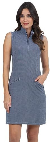IBKUL Athleisure Wear Sun Protective UPF 50+ Icefil Cooling Mini Check Sleeveless Mock Neck Dress 58754 Black/White/Mini Check/L
