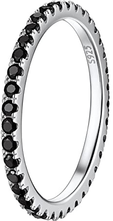 Suplight Joyerías Delicadas para Mujeres Anillos Finos Plata de Ley 925 con Piedras Brillantes Negras Anillo Minimalista de Banda Delgada 2mm Colores Oro Blanco Anillo Talla 17
