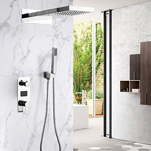 Sistema de ducha empotrado plateado con ducha de mano LCD grifo de ducha de lluvia ducha de mano set de ducha lluvia cascada cabezal de ducha pantalla digital ducha grifo mezclador columna de ducha
