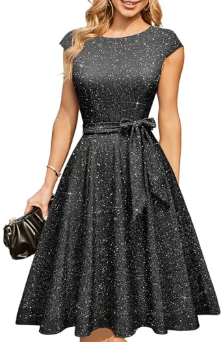 DRESSTELLS Women's Cocktail Formal Party Sequin Wedding Guest Dress 2026, Sparkly Black Tie Modest Prom Mother Bride Evening Gowns Glitter Black M