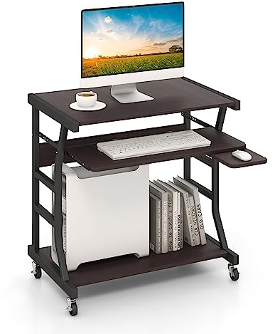 COSTWAY Scrivania per Computer con Ruote con Freni, Tavolo da Lavoro per Computer con Ripiano Estraibile per Tastiera, Ideale per Ufficio e Casa, 75 x 50 x 75 cm